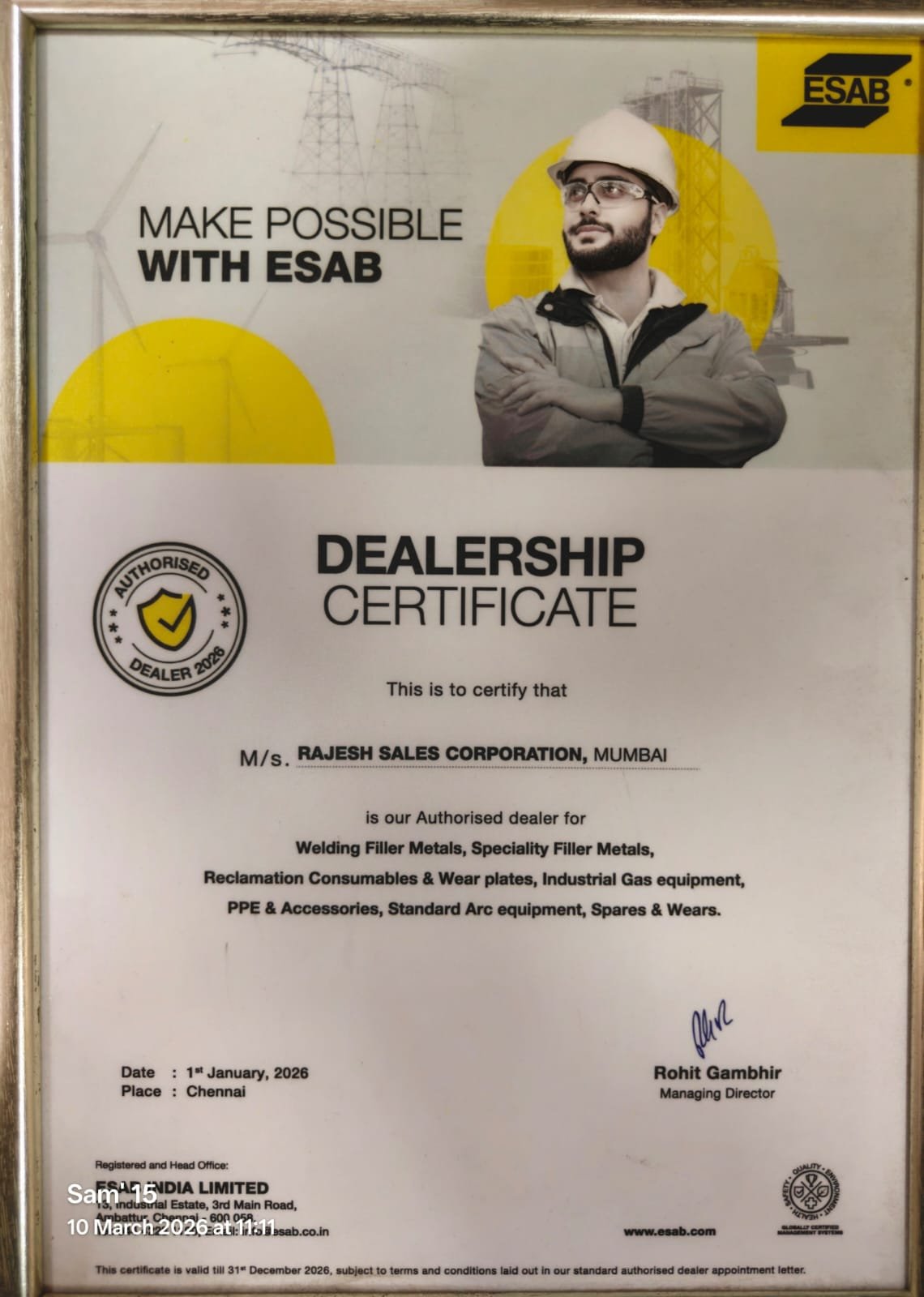 ESAB India — Authorised Dealership Certificate