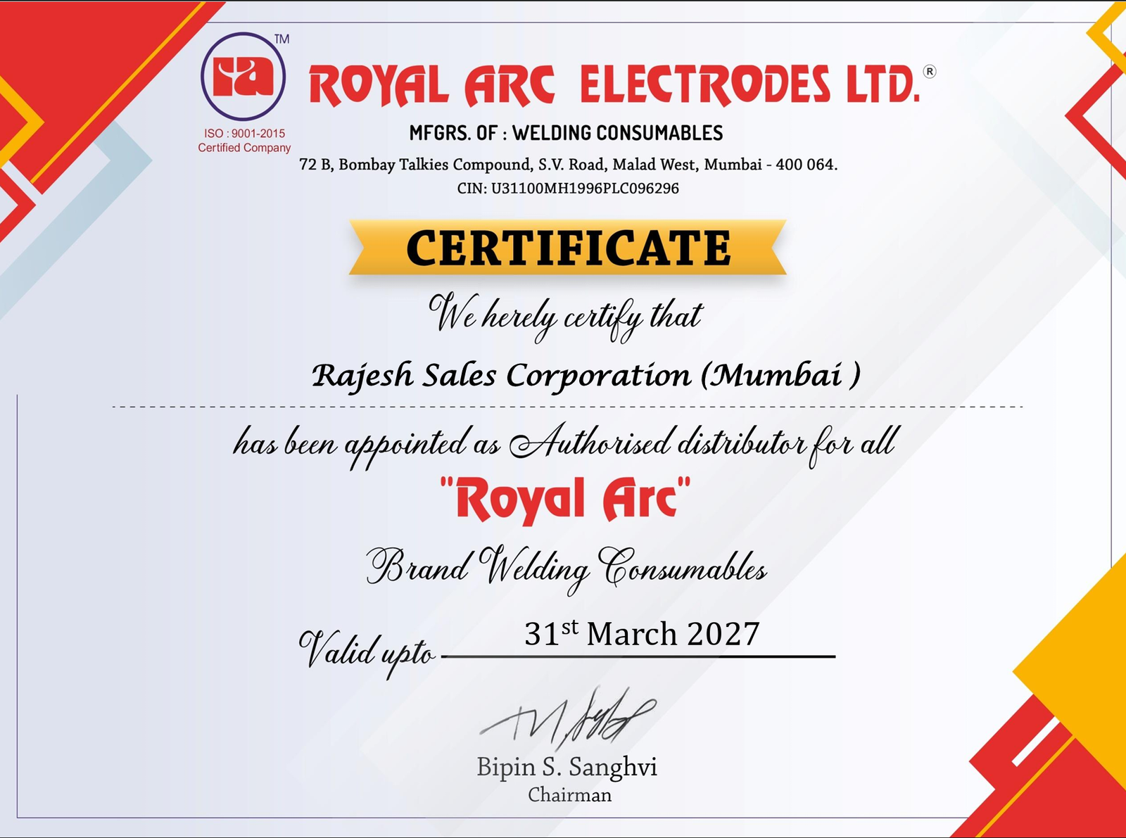 Royal Arc Electrodes — Authorised Distributor Certificate