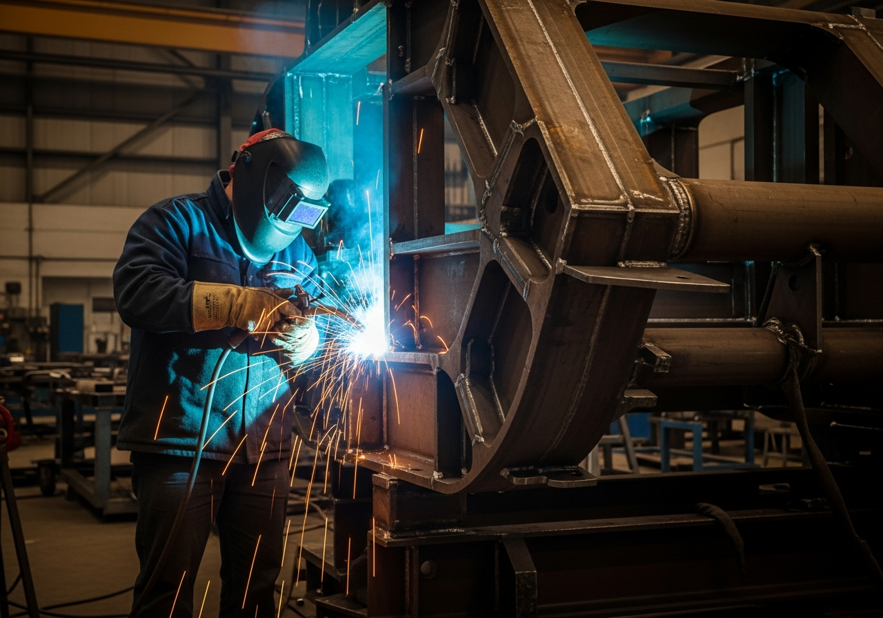Welder fabricating structural steel at Rajesh Sales Corporation